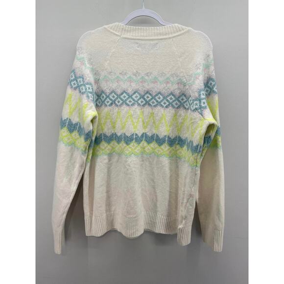 Ann Taylor Loft White Blue Acid Yellow Fair Isle Relaxed Sweater - Picture 2 of 4